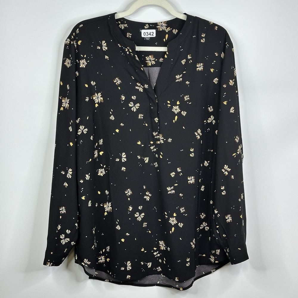 HILARY RADLEY 1640868 BLACK FLORAL V-NECK LONG SLEEVE BLOUSE SZ XL #G595